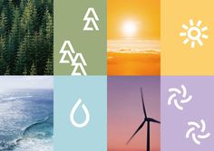 the four images show different types of wind turbines and trees, water, and land