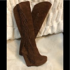 Beautiful Suede Fringe Boots! You’ll Definitely Look Like A Rockstar In These Boots! Sadly I Have To Sell Them Because They Are Too Big On Me. They Are Brand New. I’ve Only Tried Them On Hoping They Will Magically Fit Me! Suede Fringe Boots With Closed Toe, Fall Suede High Heel Wedge Boots, Brown Wedge Heel Boots For Fall, Brown Western Heels For Fall, Western Style Brown Heels For Fall, Fitted Platform Boots With Wedge Heel, Brown Boots With 4-inch Heel And Medium Width, Brown Suede Party Boots, Brown Suede Boots For Party