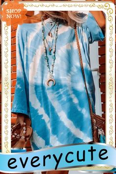 Round Neck Tie Dye Baggy Casual Dress Bohemian Crew Neck Summer Dress, Casual Crew Neck Tunic For Summer, Casual Summer Tunic With Crew Neck, Casual Fall Tunic For Vacation, Oversized Blue Casual Tunic, Blue Oversized Casual Tunic, Oversized Blue Tunic For Spring, Casual Spring Tunic In Free Size, Casual Free Size Tunic With Batwing Sleeves