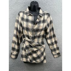 Nicholas K Roux Flannel Black Beige Check Wrap Blouse Size Small New. New With Tags 100% Cotton Flannel Plaid Wrap Shirt Double Tie Closure Tie At Inside Then Wrap Outer Tie Around Body To Tie At Right Side Button Front Closure Optional But Recommended To Wear Unbuttoned Bust 17.5 Inches Across Length 26 Inches Inked Marked Label Tag To Prevent Retailer Return. Oversized Tunic, Wrap Shirt, Label Tag, Blouse Short Sleeve, Plaid Blouse, Hem Top, Asymmetrical Tops, Wrap Blouse, Blue Ties