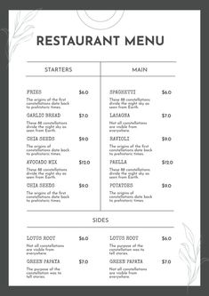 the restaurant menu is shown in black and white