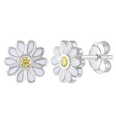 A dainty flower earring for the special princess in your life. She will obsess over the delicate petals of this daisy flower, a sweet an elegant look is achieved through the white enamel petals and yellow cubic zirconia stone at its center. A petite flower earring she will never want to take off. These earrings include a complimentary gift box for easy giving! White Flower Sterling Silver Earrings, White Flower Shaped Sterling Silver Earrings, White Flower-shaped Sterling Silver Earrings, White Sterling Silver Flower Earrings, White Sterling Silver Flower Earrings For Pierced Ears, White Jewelry With Flower Charm And Shape, Dainty White Birth Flower Earrings, Dainty White Sterling Silver Flower Earrings, White Flower Charm Earrings