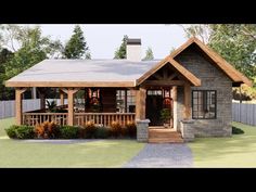 this is a computer rendering of a small cabin style house with porches and stone pillars