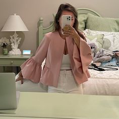 Adorable Thick Blush Jacket. True To Size. Oversized Sleeves With Adorable Ruffle Details. No Closure. Items Can Also Be Purchased Through Instagram! $10 Flat Rate Ground Shipping Message Me @Shelbyanne21 Chic Spring Blazer For Brunch, Trendy Long Sleeve Blazer For Brunch, Chic Fall Outerwear For Brunch, Chic Winter Outerwear For Brunch, Chic Long Sleeve Blazer For Brunch, Chic Outerwear For Spring Brunch, Elegant Spring Outerwear For Brunch, Feminine Spring Outerwear For Day Out, Feminine Fall Outerwear For Day Out