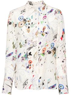 off-white/multicolour silk crepe de chine sketch-style print classic collar front button fastening buttoned cuffs curved hem Printed Silk Shirt, Sketch Style, Yoko London, City Dress, Summer Beach Wear, Silk Crepe, Silk Shirt, Lady Dior, Paul Smith