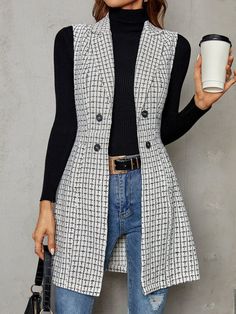 Abrigo chaleco de cuadros de doble botonadura de cuello con solapa | SHEIN USA Long Vest Jacket, Elegant Vest, Collar Vest, Plaid Vest, Long Vests, Vest Pattern, Vest Coat, Blazer Outfits, Sleeveless Vest