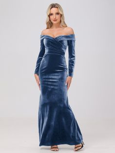 Slate_Blue Velvet Bridesmaid, Long Sleeve Velvet Dress, Velvet Bridesmaid Dresses, Peacock Green, Shoulder Design, Slate Blue, Velvet Dress, Soft Velvet, Formal Occasion