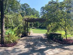 a walkway in the middle of a park with trees and bushes on either side of it