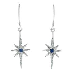 Charm yourself with these stunning Sterling Silver Sapphire & Diamond Star Earrings. Click on this JEWELRY & WATCHES GUIDE to learn about fit, styles, materials and more! Charm yourself with these stunning Sterling Silver Sapphire & Diamond Star Earrings. Click on this JEWELRY & WATCHES GUIDE to learn about fit, styles, materials and more! FEATURES Length: 35.0 mm x 10.5 mm Backings: fishhook Metal: sterling silver Plating: rhodium Finish: polished Packaging: boxed ImportedSTONE DETAILS Stone ty Sterling Silver Star Earrings With Diamond Accents, Sterling Silver Star-shaped Jewelry With Prong Setting, Sterling Silver Star Jewelry With Prong Setting, Diamond Star Earrings, Diamond Star, Wire Earrings, Sapphire Diamond, Star Earrings, Metal Color