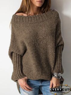 Casual Shift Plain Knitted Sweater Mode Tips, Batwing Sweater, Irregular Hem, Chale Crochet, Holiday Sweater, Sweaters Online, Casual Sweaters, Batwing Sleeve, Sweater Sleeves