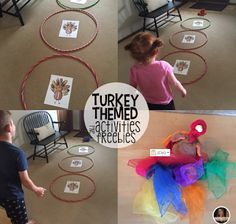 there are pictures of different activities to do with the kids in the house, including turkey themed activities