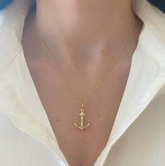 "Solid 14K Yellow Gold Anchor Charm Necklace. This Necklace Will Make You Feel Strong And Safe! Wear It Alone Or Layered... The Perfect Gift To Give. The Anchor Charm Has The Option Of Coming With A High Quality Box Chain That Feels Like Silk. Jewelry Comes In A Cute Gift Box Ready To Present. -Model Is Wearing A 16\" Chain. -All Jewelry Is New And Inspected For Quality Assurance. -Jewelry Is Crafted In Genuine High Quality 14K Gold. -We Do Not Sell Gold Plated. Product Detail: Metal: 14k yellow Yellow Gold Nautical Anchor Jewelry, Everyday Nautical Anchor Jewelry, Men's Necklace Gold, Gold Pendants For Men, Sea Necklace, Silk Jewelry, Anchor Pendant, Anchor Charm, Nautical Rope