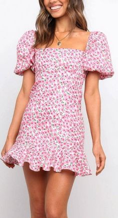 Pink Ruffled Floral Printed Puff Sleeve Summer Casual Dress. This pink summer short dress is made of a soft breathable fabric. We do not see through the fabric. The fabric is light and will keep you cool. This dress tight will make you look cool and sexy. This summer dress is of great quality. You will receive a product as good as the one displayed on the image. Pink Party Dresses With Mini Hem, Feminine Pink Mini Hem Dress, Fitted Mini Dress For Summer, Spring Vacation Mini Dress With Mini Hem, Feminine Mini Dress For Day Out, Spring Mini Dress With Ruffle Hem, Spring Lace Mini Dress, Spring Mini Dress With Square Neck In Flirty Style, Feminine Mini Dress For Spring