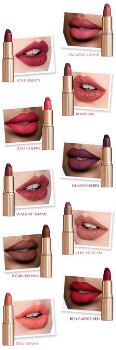 New! Matte Revolution Lipstick in 10 Shades | Charlotte Tilbury | Charlotte Tilbury Charlotte Tilbury Lipstick Swatches, Charlotte Tilbury Very Victoria, Charlotte Tillbury, Revolution Lipstick, Charlotte Tilbury Matte Revolution, Walk Of Shame, Bond Girl, Batons Matte, Matte Lipsticks