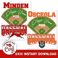 three baseball logos with the names of each team and numbers in red, white, and green