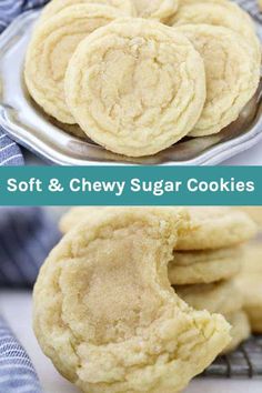 soft and chewy sugar cookies are stacked on top of each other with the words, soft & chewy sugar cookies