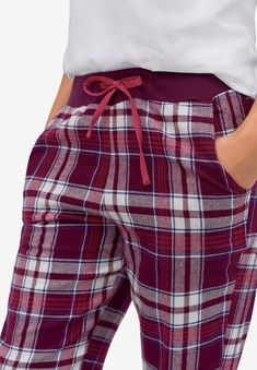 Soft yarn-dyed plaid flannel pants in a relaxed fit. Ribbed elastic waistband with twill tape drawstring. Side pockets.  Ribbed elastic waistbandRibbed Flannel Fits, Plus Size Plaid, Flannel Pants, Sleep Pants, Grey Plaid, Tunic Tank Tops, Red Tartan, Pajama Bottoms, Plaid Design