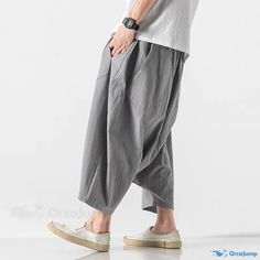 OrcaJump - Casual Cotton and Linen Blend Eight Inch Cropped Trousers Low Crotch Pants, Vintage Sweatpants, Cropped Sweatpants, Linen Joggers, Pants Male, Sweatpants Style, Men Plus Size, Style Japonais, Pants Cotton