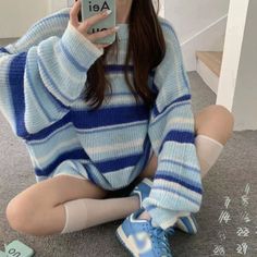 Cheap Oversized Blue Sweater, Sky Blue Sweater Women, Cheap Cute Sweater For Spring, Swirly Blue Sweater, Preppy Oversized Sweaters, Playful Blue Sweater, Cheap Blue Soft Knit Sweater, White And Blue Striped Chunky Sweater, Cheap Spring Sweatshirt For Layering