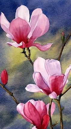 watercolor painting of pink and white flowers on a branch with blue sky in the background