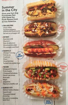 an advertisement for hot dogs with different toppings on the top and bottom of them