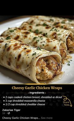 Low Sugar Low Carb Recipes, Tortilla Wrap Recipes, Cheesy Garlic Chicken, Chicken Meal Ideas, Wraps And Sandwiches, Pizza Wraps, Chicken Wrap Recipes, Tortilla Wrap, Chicken Wrap