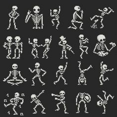 a cross stitch pattern with skeletons and other skeleton characters in different poses, all on one black background