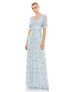 Embellished V-Neck Empire Waist Ruffle Hem Gown Powder Blue Color, Beaded Tulle, Bride Groom Dress, Column Gown, Tulle Gown, Stunning Gowns, Mac Duggal, Sequin Beading, Groom Dress