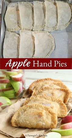 apple hand pies on a baking sheet with apples in the background and text overlay