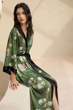 Silk Sleepwear For Spring Season, Green Satin Sleepwear For Summer, Spring Silk Sleepwear, Spring Silk Sleepwear For Night, Silk Sleepwear With Floral Print For Spring, Silk Floral Print Sleepwear For Spring, Green Floral Print Sleepwear, Spring Green Printed Sleepwear, Summer Satin Night Robe