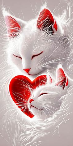 a white cat sleeping next to a red heart