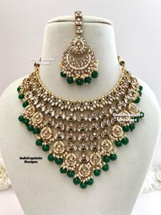 Premium quality Kundan Necklace comes with Jhumki Earrings and Tikka/ Indian Jewelry/Premium Quality Polki and Kundan Jewelry/green color   All items are shipped from Brampton, Ontario, Canada. If you need your item by a certain day, please reach out to us for express delivery option before placing the order so that we can update the shipping for you. Standard shipping/delivery timeline Below are the delivery timeline estimates. We dispatch all orders by the next business day. ---> USA delivery timeline * 3-5 business days to major urban centers in USA. It may take 1-2 days extra to remote locations ---> Canada delivery timeline  * 2-3 business days - GTA  & Montreal  * 2-4  business days - Rest of Ontario/Quebec * 2-6 business days-  Rest of Canada    ---> Europe/Middle East timeline * 5- Emerald Meenakari Kundan Necklace For Wedding, Green Kundan Chandbali Jewelry, Green Kundan Bridal Necklace Hand Set, Bollywood Style Emerald Kundan Necklace For Wedding, Elegant Green Lehenga With Stone Work, Green Kundan Jewelry Set, Heavy Green Kundan Jewelry Sets, Green Elaborate Kundan Jewelry Sets, Green Kundan Necklaces For Wedding