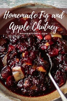 homemade fig and apple chutney recipe in a bowl with spoon on the side