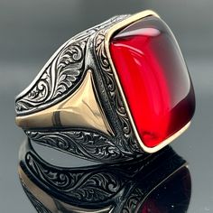 Silver Natural Ruby Stone Ring , Man Handmade Silver Ring , Red Stone Ring,  Engraved Silver Ring , Ottoman Style Ring ,925k Sterling Silver ★Item Details * Gender : Male / Female * Material : 925K Sterling Silver * Total weight : 16 Grams * Gemstone : Ruby  Stone ✔ Ready to Ship in 1-2 Business Days .. ✔ Shipped to the Worldwide 1-5 business days with free shipping... ✔ The product will be sent to you with a handmade wooden box to avoid any damage during shipping... ✔ Visit our store, browse ot Antique Red Gemstone Signet Ring, Antique Ruby Rings With Polished Finish, Formal Red Engraved Ring With Polished Finish, Red Engraved Signet Ring For Formal Occasion, Formal Red Engraved Signet Ring, Vintage Red Engraved Ring Hallmarked, Red Engraved Vintage Signet Ring, Vintage Red Engraved Signet Ring, Vintage Hallmarked Red Engraved Ring