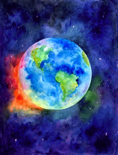 a painting of the earth in space with colorful clouds and stars around it, as if from outer space