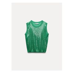 Round neck tank top. Sequin appliqués. Green Sleeveless Blouse Tank Top, Green Sleeveless Tank Top For Night Out, Trendy Tank Tops For Night Out, Stretch Sequined Tank Top, Green Crew Neck Vest For Summer, Spring Sequin Sleeveless Vest, Trendy Knit Tank Vest Top, Spring Sleeveless Sequin Vest, Trendy Sleeveless Blouse For Night Out