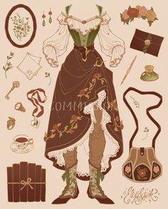 an illustration of a woman dressed in period clothing with many items to choose from her