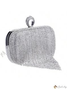 Bird in Bag - Exquisite Evening Clutch with Small Ring Diamonds, Tassel, and Rhinestones - the Perfect Small Party or Wedding Handbag Elegant Party Evening Bag With Rhinestone Fringe, Elegant Evening Bag With Rhinestone Fringe, Silver Bags With Rhinestone Fringe For Formal Occasions, Silver Rhinestone Fringe Bag For Formal Occasions, Glamorous Formal Evening Bag With Rhinestone Fringe, Formal Silver Bag With Rhinestone Fringe, Silver Evening Bag With Rhinestone Fringe, Elegant Party Bags With Rhinestone Fringe, Fringe Decor