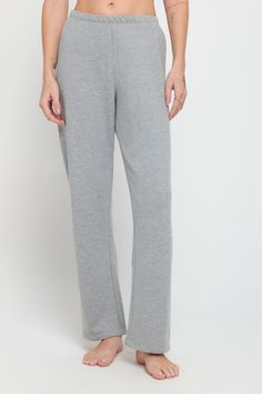 Shoot it straight. A relaxed fit, full-length straight-leg pant. Designed with an encased elastic waistband. Made in our Plush French Terry fabrication, it's the perfect blend of 75% cotton and 25% modal, creating an extra (extra) soft feel. | Joy Straight Leg Pant in Heather Ash Comfort Stretch Wide Leg Lounge Pants, Wide Leg Comfort Stretch Pants For Lounging, Comfort Stretch Wide Leg Pants For Lounging, Comfortable Straight Sweatpants With Pull-on Style, Stretch Loungewear Pants With Straight Hem, Stretch Pants With Straight Hem For Loungewear, Stretch Straight Hem Pants For Loungewear, Comfortable Pants With Straight Hem In Solid Color, Comfort Stretch Loungewear Pants With Straight Hem