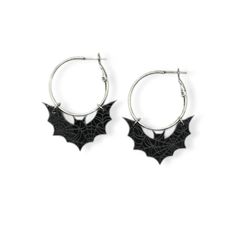 Welcome to Midwestern Chic Design! Get ready for the Halloween season with these black bat hoop earrings! These are fun and unique! These feature a black acrylic bat hanging from a stainless steel hoop earring. On the bat are engraved spiderwebs all over. The hoop earring is 1.25" in diameter with a lever back closure and, when assembled, these earrings measure approximately 2" long. Black Vampire Jewelry For Halloween, Vampire Style Black Jewelry For Halloween, Spooky Black Nickel-free Jewelry, Black Gothic Hoop Earrings Nickel Free, Black Small Hoop Punk Jewelry, Black Halloween Party Earrings, Witchy Black Jewelry For Halloween, Black Witchy Jewelry For Halloween, Witchy Black Halloween Jewelry