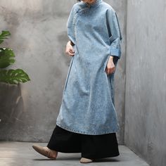 "【Fabric】 cotton 【Color】 Photo Color 【Size】 Shoulder width is not limited Bust 138cm / 54 \" length 118cm / 46\" Washing & Care instructions: -Hand wash or gently machine washable do not tumble dry -Gentle wash cycle (40oC) -If you feel like ironing (although should not be necessary) , do it with steam or while the dress is still slightly wet -Do not bleach If you like this dress, perhaps you will also like other dresses from our collection. Be sure to check our shop out before purchasing. F Oversized Cotton Casual Maxi Dress, Spring Cotton Dress With Stand Collar, Casual Loose Fit Maxi Dress For Fall, Spring Oversized Cotton Midi Dress, Oversized Cotton Midi Dress For Spring, Casual Oversized Maxi Dress For Fall, Oversized Long Sleeve Denim Dress For Fall, Oversized Cotton Denim Dress For Fall, Casual Fall Dresses With Stand Collar