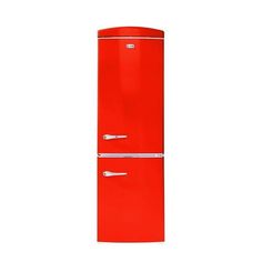 a red refrigerator freezer sitting on top of a white wall