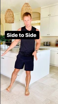 a man standing in front of a kitchen counter with the words side to side on it