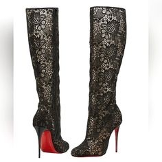 Christian Louboutin Tennissina 100mm Lace Pattern Boots Super Comfy Rare 100% Authentic Gorgeous Black Louboutin Lace Boots With Leather Trim At Top, Covered Heels And Zip Closures At Sides. Great Addition To Your Wardrobe New Never Worn Includes Box And Dust Bag Circumference: 14.5" Calf Circumference: 12" Shaft: 15.5" Heels: 4.25" Size Eu 37 Please Note European Sizes Run A Half To Whole Size Smaller Pertaining To Style Black Louboutins, Pattern Boots, Louboutin Boots, Girly Pop, Louis Vuitton Boots, Christian Louboutin Boots, Fashion Shoes Heels, Boots Patterns, Christian Louboutin Women