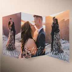 three photos of a couple kissing on top of a mountain with the caption forever, just today