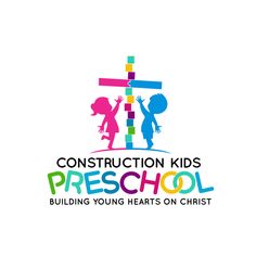 the logo for construction kids preschool building young hearts on christ, with children holding up a cross