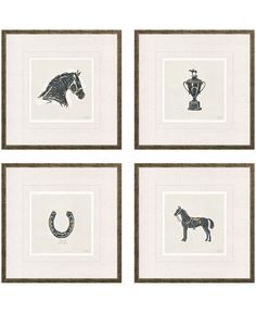 four framed pictures with horses and vases on them