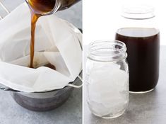 two pictures side by side, one with syrup and the other with ice in it