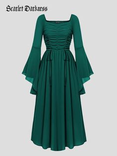 Elven Dress Gowns, Dark Teal Prom Dresses, Dark Green Dresses, Green Fairy Dress, Elvish Dress, Teal Prom Dresses, Chiffon Dress Long Sleeve, Dress Medieval, Witch Dress