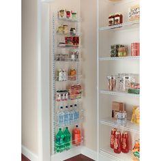 the pantry shelving is full of food and drinks